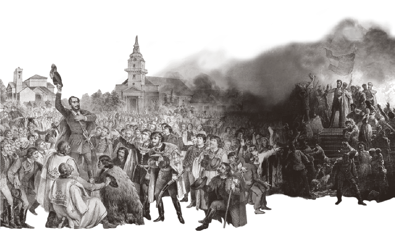 Composite image of Lajos Kossuth in a crowd and Sándor Petőfi on steps depicting the 1848 Hungarian Revolution