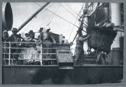 Hungarian emigrants at a port leaving on boat