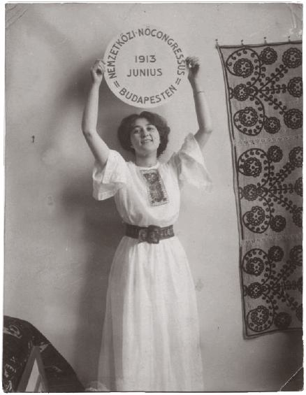 Hungarian poster for International Women’s Congress in 1913 showing a woman with a round banner above her head