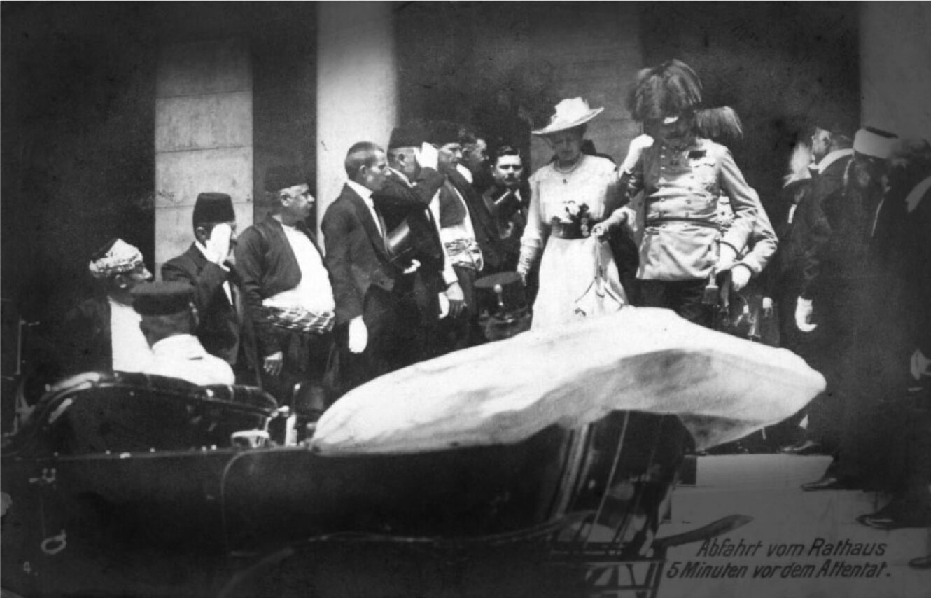 Archduke Franz Ferdinand and wife Sophie exiting steps in Sarajevo minutes before their assassination