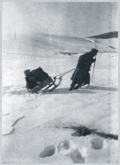 Austro-Hungarian soldier pulling sled in winter