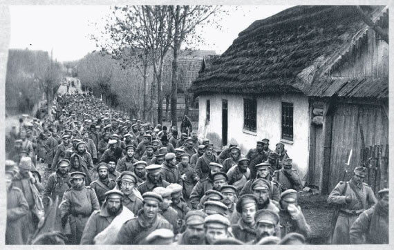 Hundreds of Russian prisoners of war marched through a village