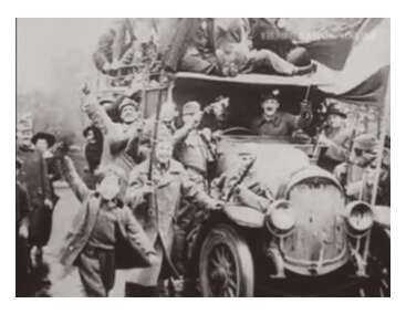 Revolutionary soldiers on a truck in Budapest during the Aster Revolution in October 1918