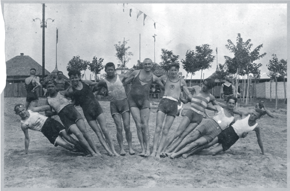 Upper middle class vacationers on Lake Balaton in bathing suit rainbow formation in 1920