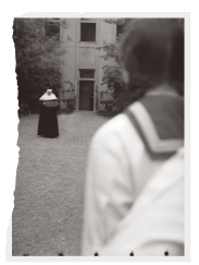 Hungarian school girl observing nun