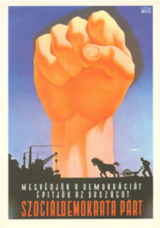 Heroic Realism Communist Party poster showing a raised first against the backdrop silhouette of factories and farming scenes