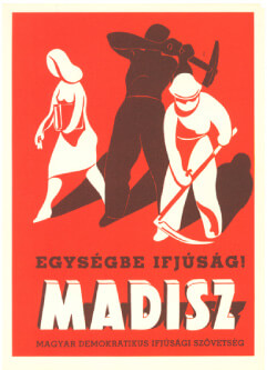 Heroic Realism Communist Party poster showing a woman with books next to an ironworker and a farmer