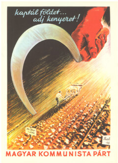 Heroic Realism Communist Party poster showing a large sickle in the foreground with a farming scene in the background