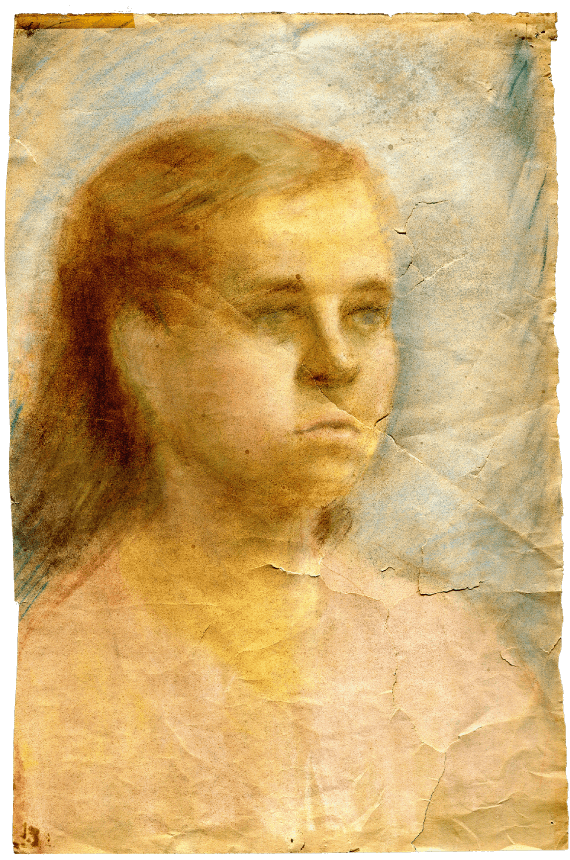 A chalk drawing of young girl on paper and an example of Ari's work