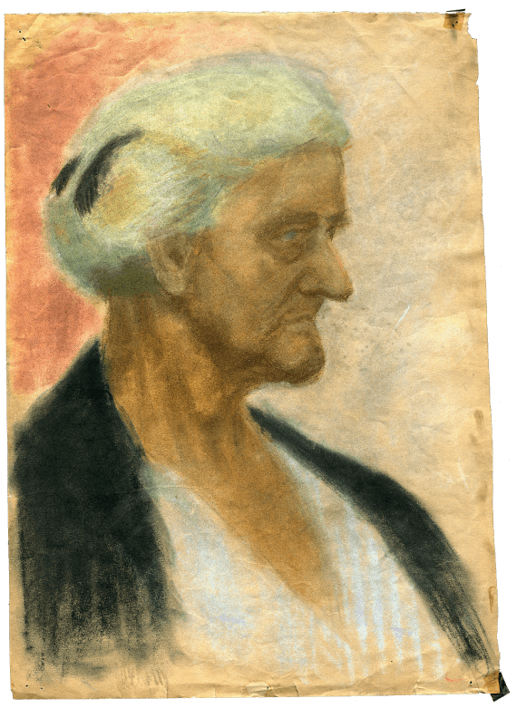 A chalk drawing of elderly woman on paper and an example of Ari's artwork