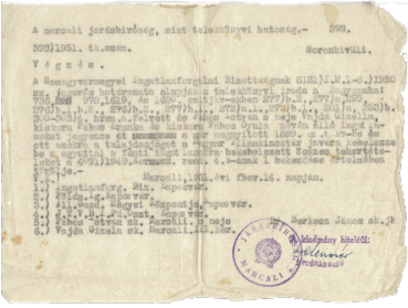 Official document showing the land transfer of Fábos family property to the state in Hungary in 1950