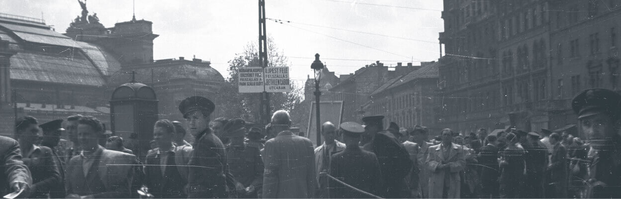 Crowd gathering at Baross Square in Budapest in 1953