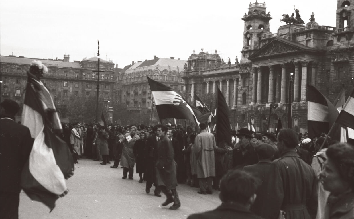 Protesters in Kossuth Square during the 1956 Hungarian Revolution