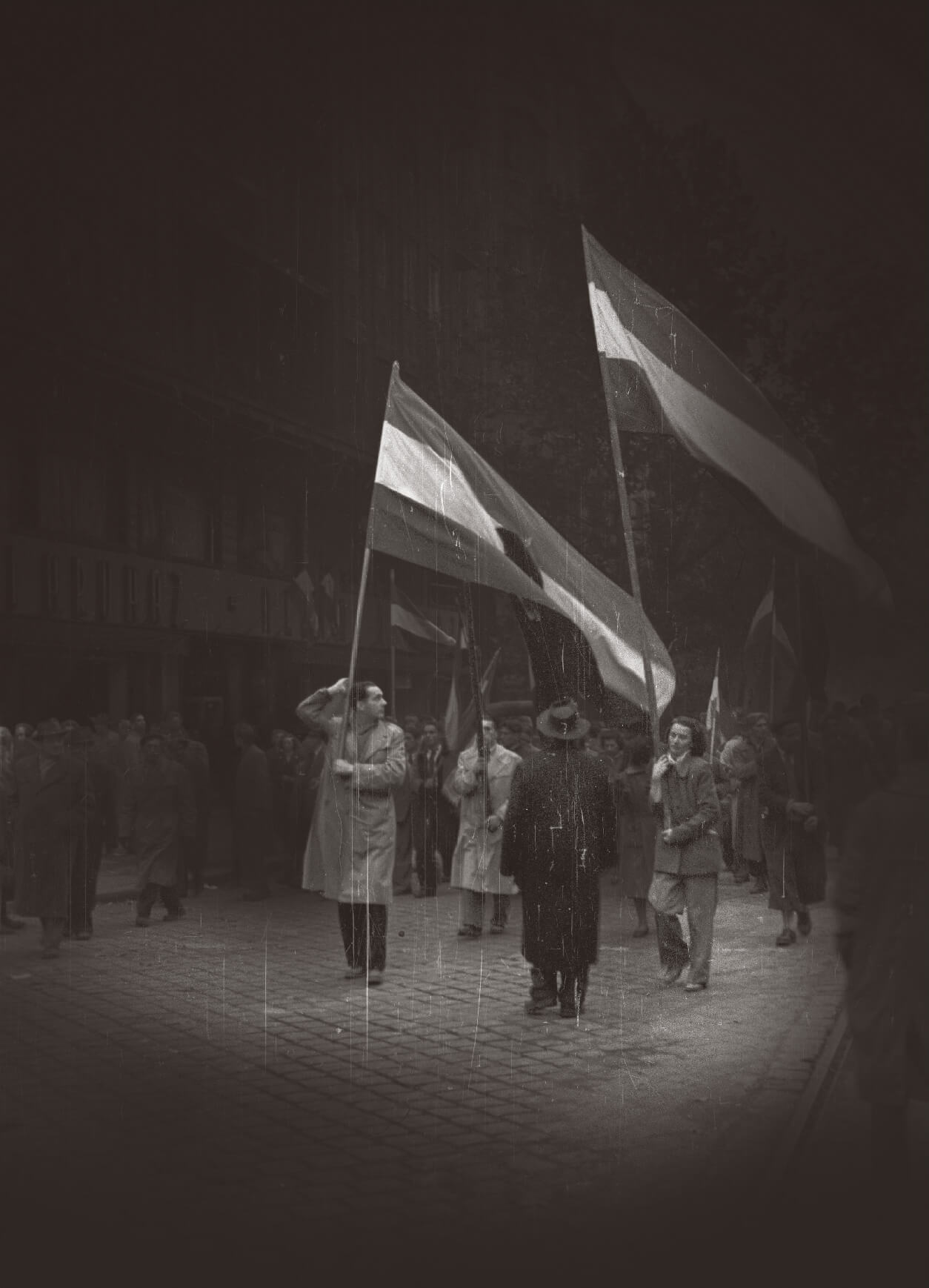 Carrying flags during the 1956 Hungarian Revolution