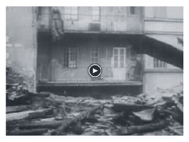 Looped video footage showing Budapest devastation caused by Soviet tanks
