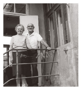 Gizi and Pista stand on the back stairs of their Keszthely house on 7 Hunyádi St. in 1976.