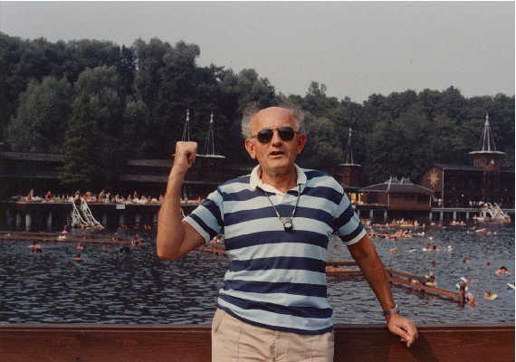 Gyula gestures towards the Héviz thermal lake in 1980