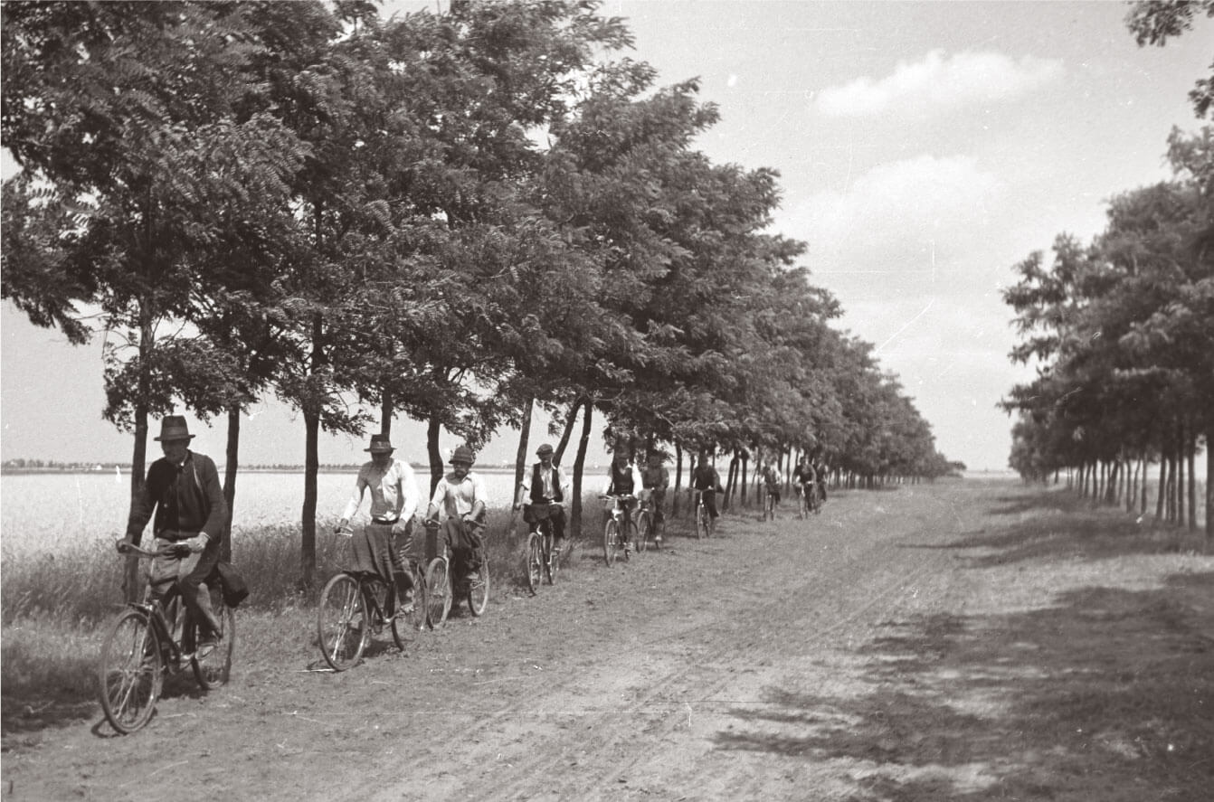Agricultural workers biking on rural road in 1940s Hungary
