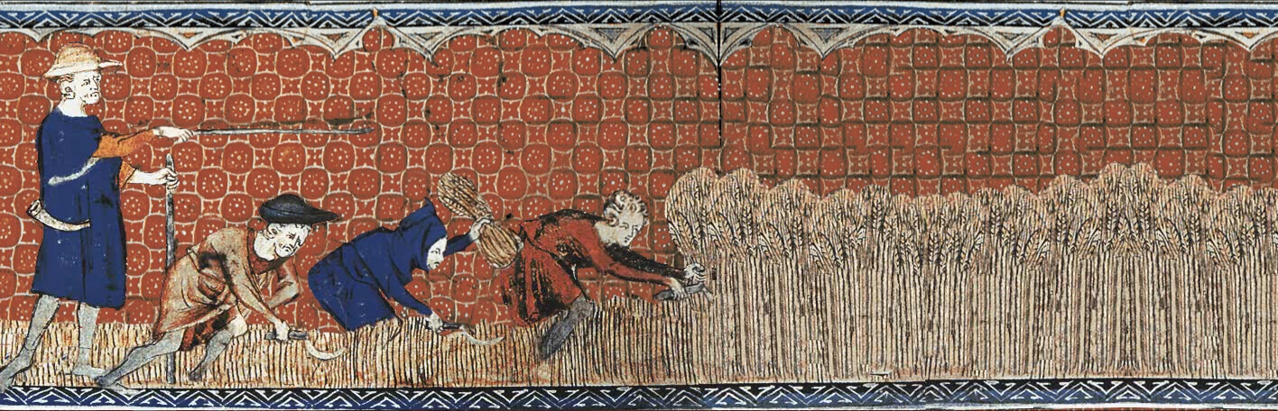 Animated illustration of workers harvesting wheat with sickles