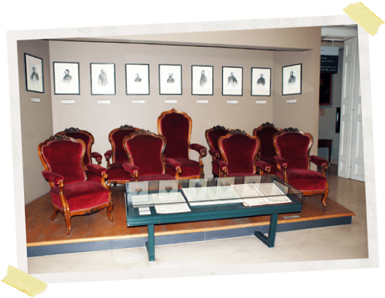 Nine chairs from Hungary's first cabinet as exhibited in the Hungarian National Museum