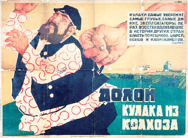 Graphic cartoon showing fist pounding on a Russian kulak farmer