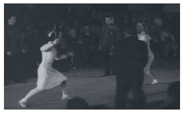 Hungarian fencing champion Ilona Elek attacking her opponent in 1933