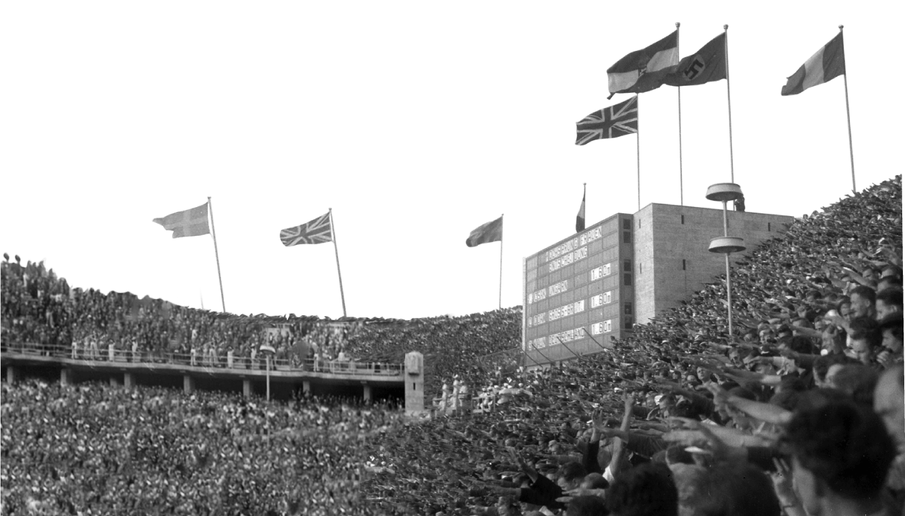 Composite image of thousands of Germans saluting in the stadium of the 1936 Olympics in Berlin