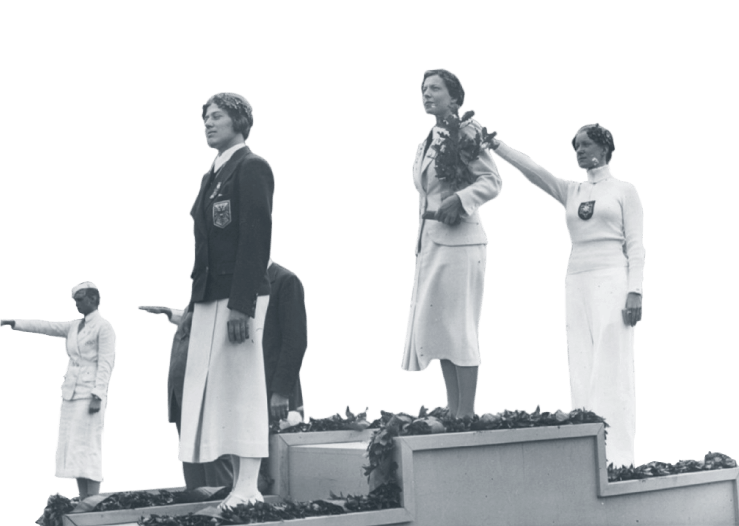 Composite image of thousands of Germans saluting in the stadium of the 1936 Olympics in Berlin