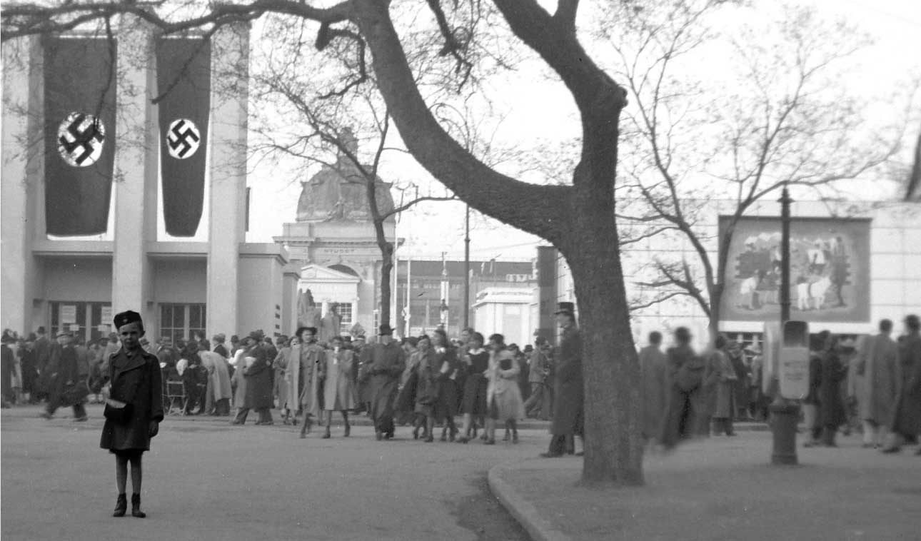 Large Nazi banners draped on the Industrial Hall of Budapest’s International Fair in 1941