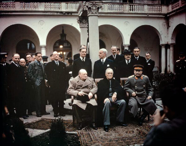 Yalta Conference with Winston Churchill, Franklin Delano Roosevelt, and Joseph Stalin, February in 1945