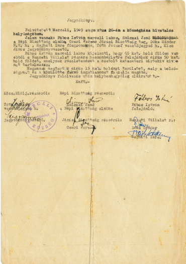 Signed document transferring 77 percent of Fábos property to the state in 1949