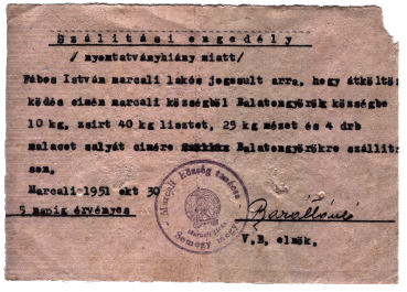 Official travel permit allowing Fábos family to travel in 1951