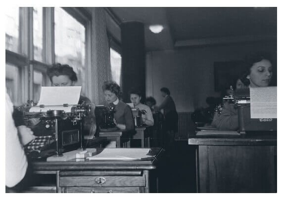 Secretaries in a typing pool in Hungary in the 1950s