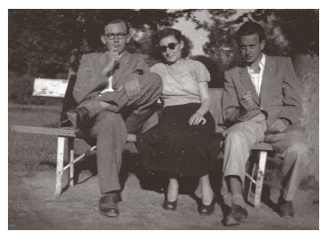 Gyula and Ari and their cousin Géza on a park bench by Lake Balaton around 1956