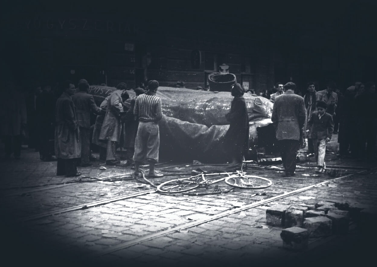 Toppled Stalin statue on Rákoczi út during the 1956 Hungarian Revolution