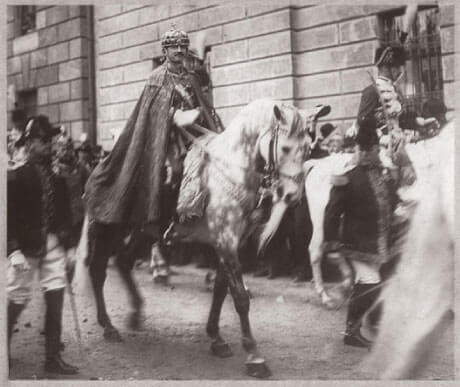 Hungarian King Charles IV riding a dappled grey horse during his coronation
